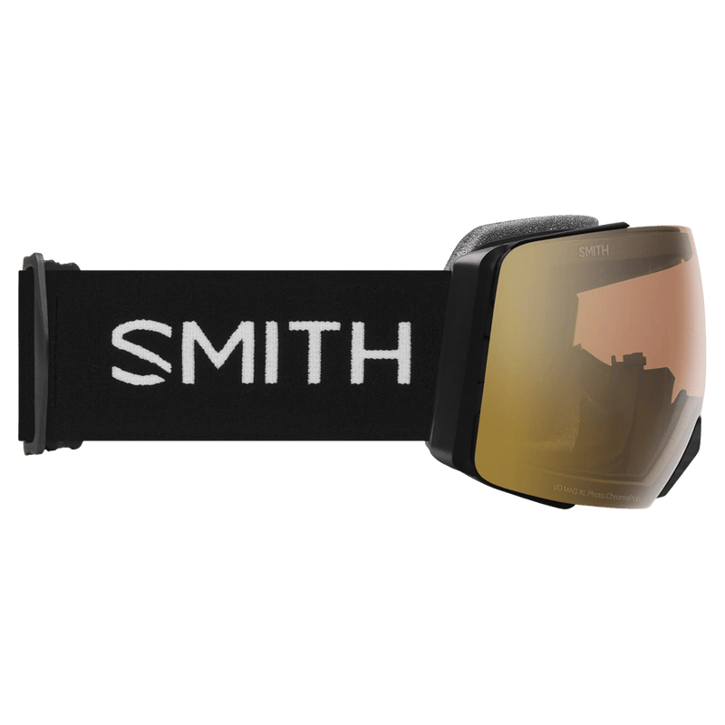 Side view of the Smith I/O Mag XL Low Bridge Goggles in Black, ChromaPop Pro Photochromic Gold Mirror lens, unisex model
