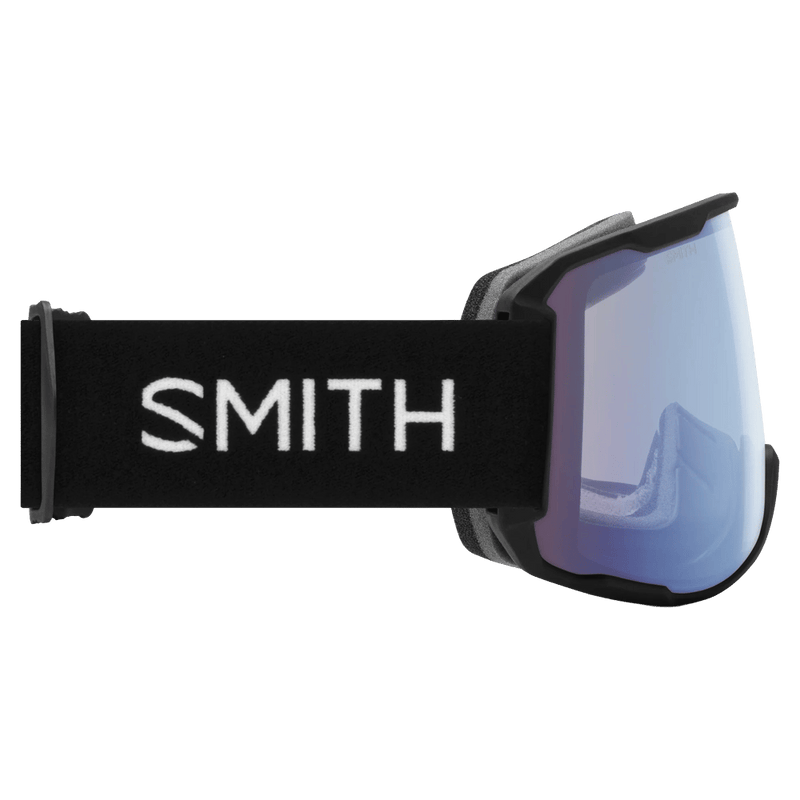 Side view of the Smith Preview Goggles in Black, ChromaPop Storm Blue Sensor Mirror lens, unisex model