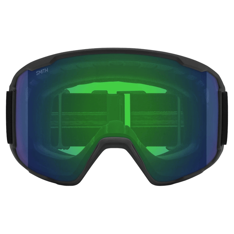 Front view of the Smith Preview Goggles in Black, ChromaPop Everyday Green Mirror lens, unisex model