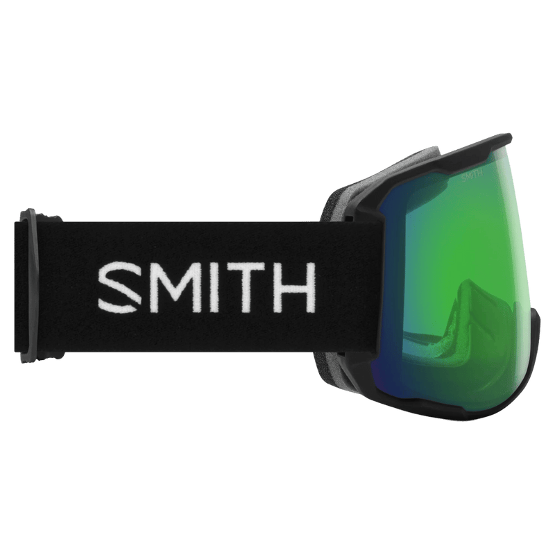 Side view of the Smith Preview Goggles in Black, ChromaPop Everyday Green Mirror lens, unisex model