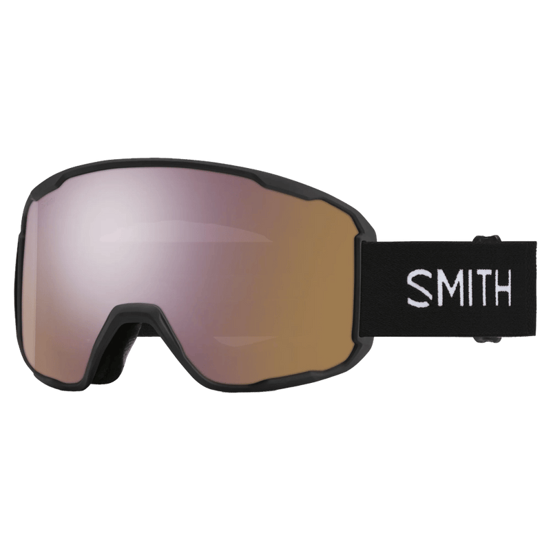 Main view of the Smith Preview Goggles in Black, ChromaPop Everyday Rose Gold Mirror lens, unisex model