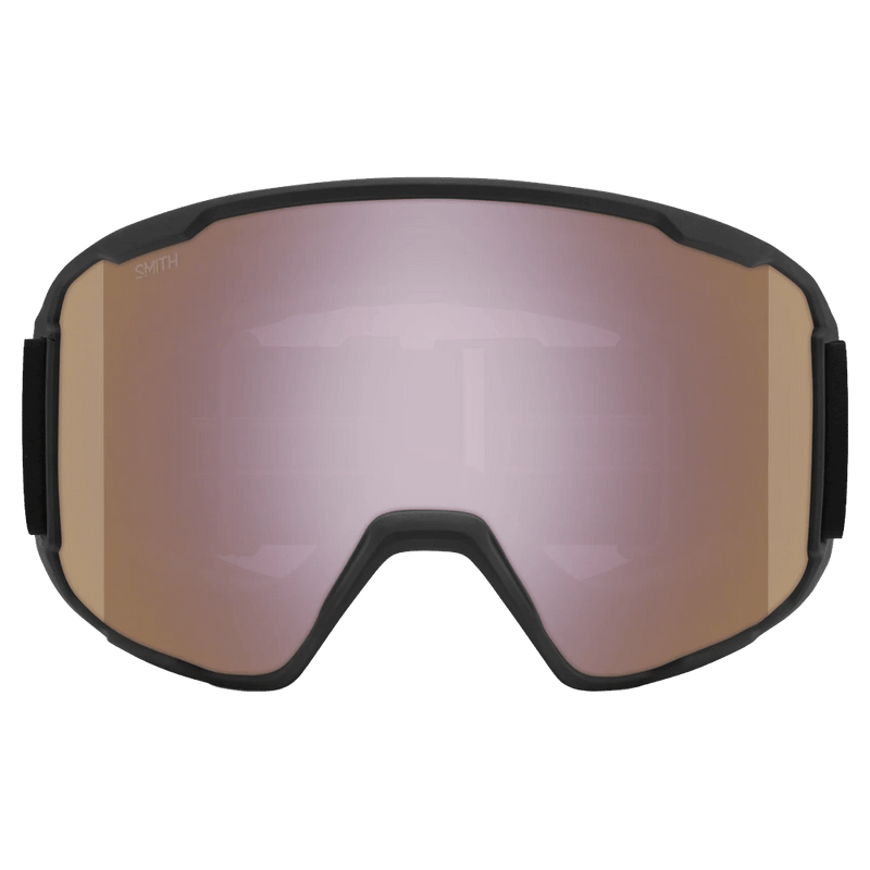 Front view of the Smith Preview Goggles in Black, ChromaPop Everyday Rose Gold Mirror lens, unisex model