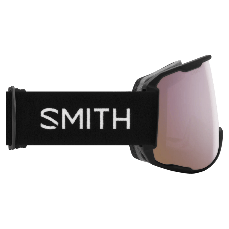 Side view of the Smith Preview Goggles in Black, ChromaPop Everyday Rose Gold Mirror lens, unisex model