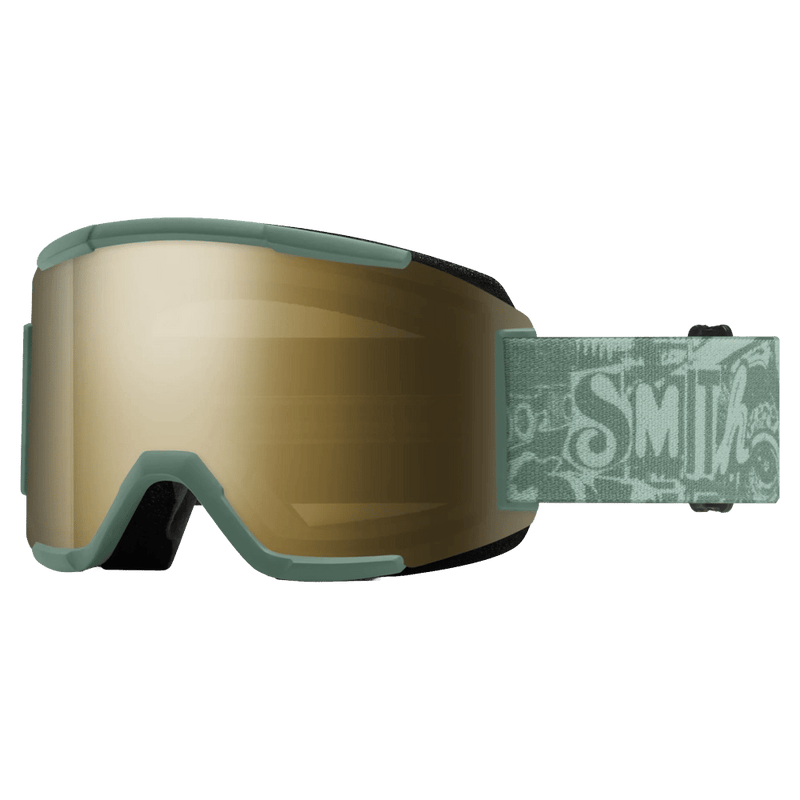 Main view of the Smith Squad Low Bridge Goggles in Cactus Zine, ChromaPop Sun Black Gold Mirror lens, unisex model