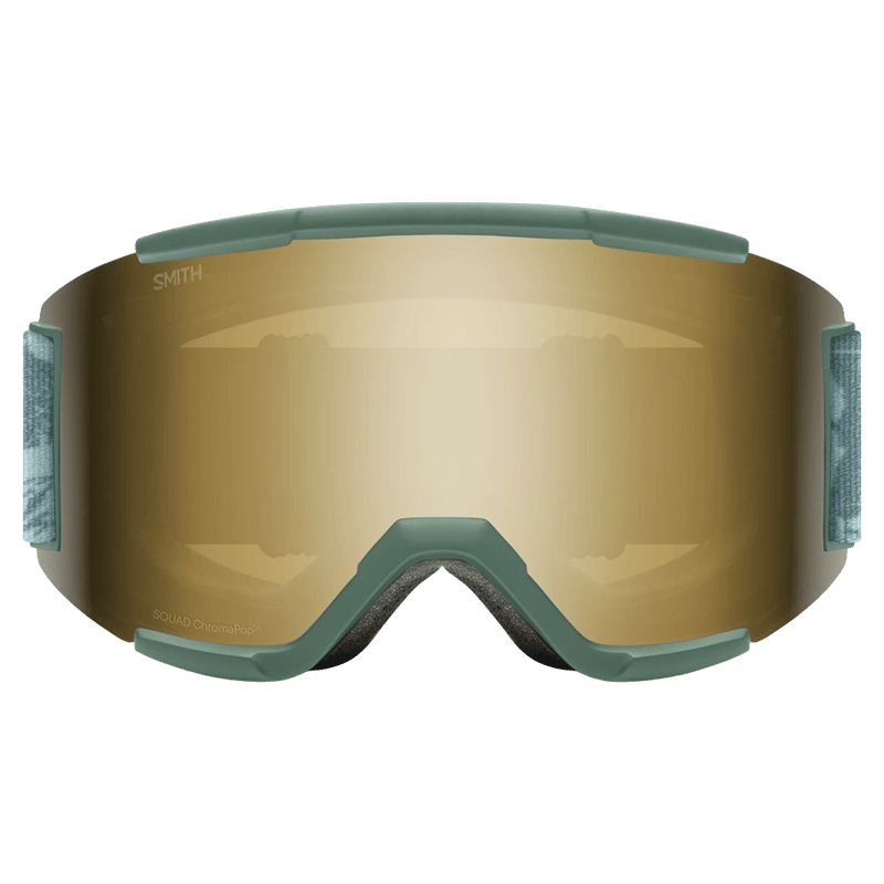 Front view of the Smith Squad Low Bridge Goggles in Cactus Zine, ChromaPop Sun Black Gold Mirror lens, unisex model