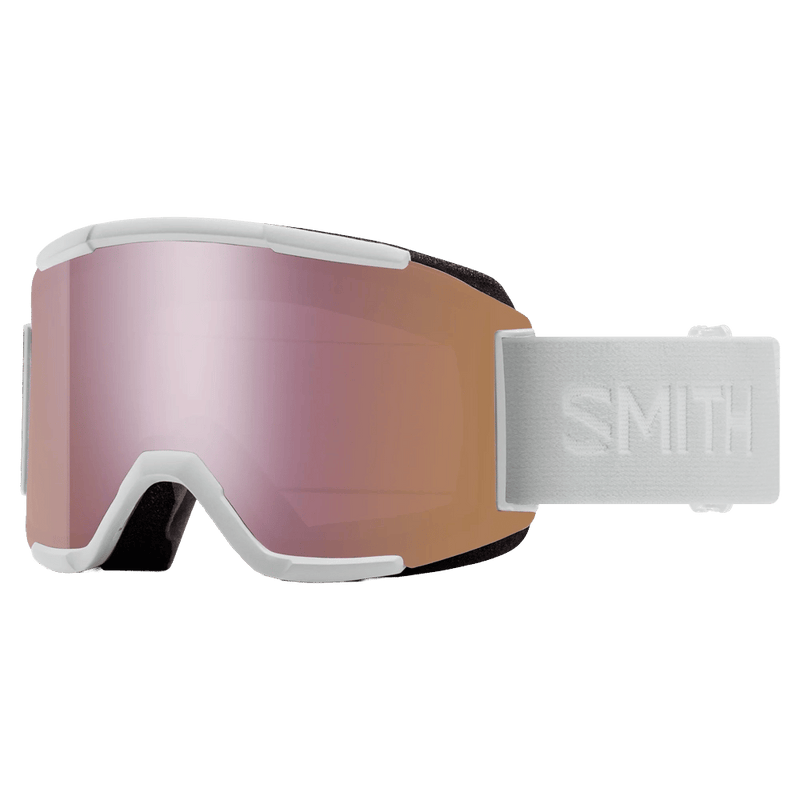 Main view of the Smith Squad Low Bridge Goggles in White Vapor, ChromaPop Everyday Rose GoldMirror lens, unisex model