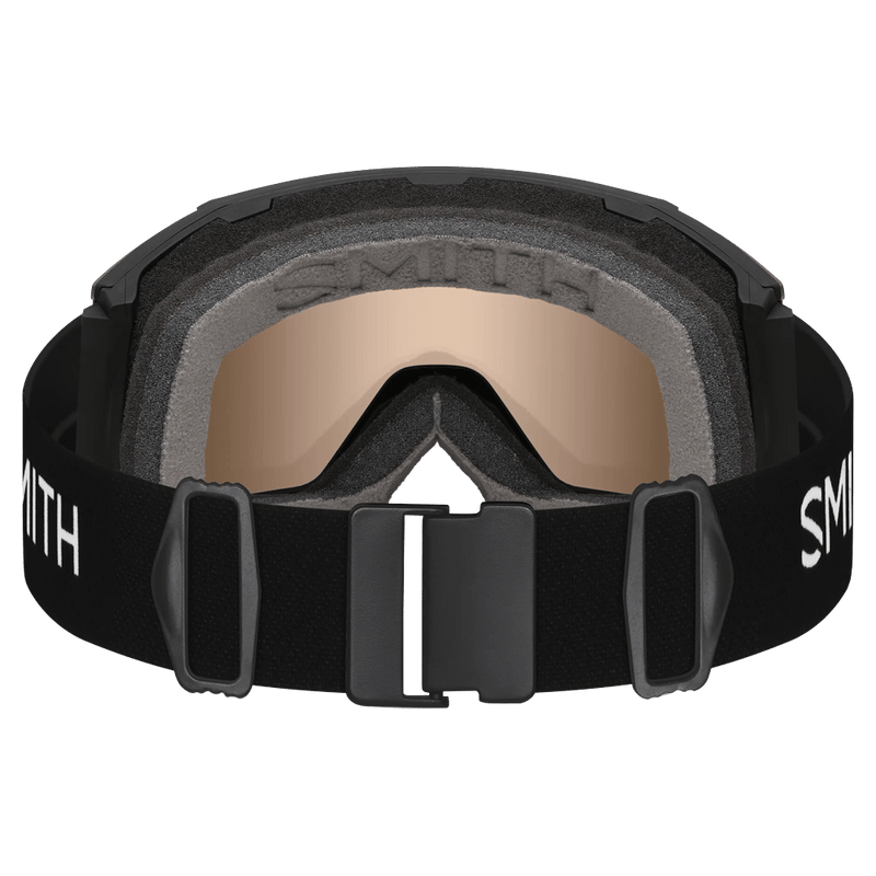 Back view of the Smith Squad Mag Low Bridge Goggles in Black, ChromaPop Pro Photochromic Gold Mirror lens, unisex model