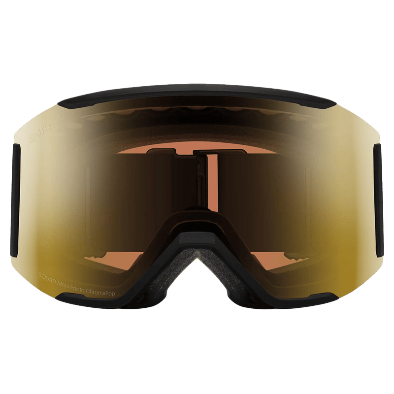 Front view of the Smith Squad Mag Low Bridge Goggles in Black, ChromaPop Pro Photochromic Gold Mirror lens, unisex model