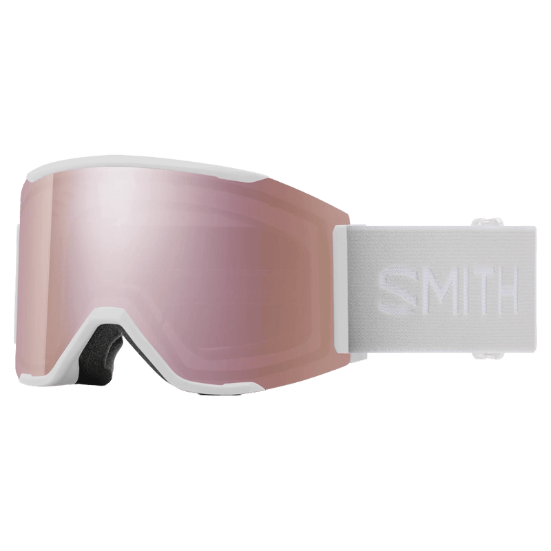Main view of the Smith Squad Mag Low Bridge Goggles in White Vapor, ChromaPop Everyday Rose Gold Mirror lens, unisex model