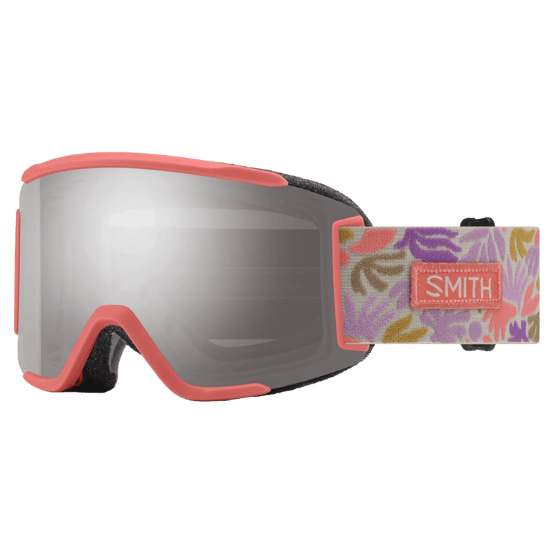 Main view of the Smith Squad S Goggles in Flare Flora, ChromaPop Sun Platinum Mirror lens, unisex model