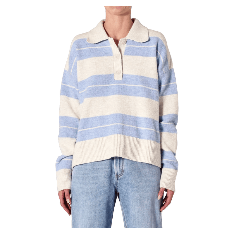 Front view of women in the Sofia Stripe Polo in colour Soft Blue