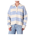 Front view of women in the Sofia Stripe Polo in colour Soft Blue
