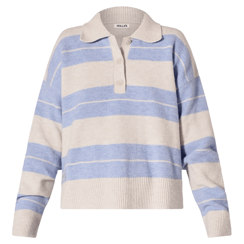 Front view of the Sofia Stripe Polo in colour Soft Blue