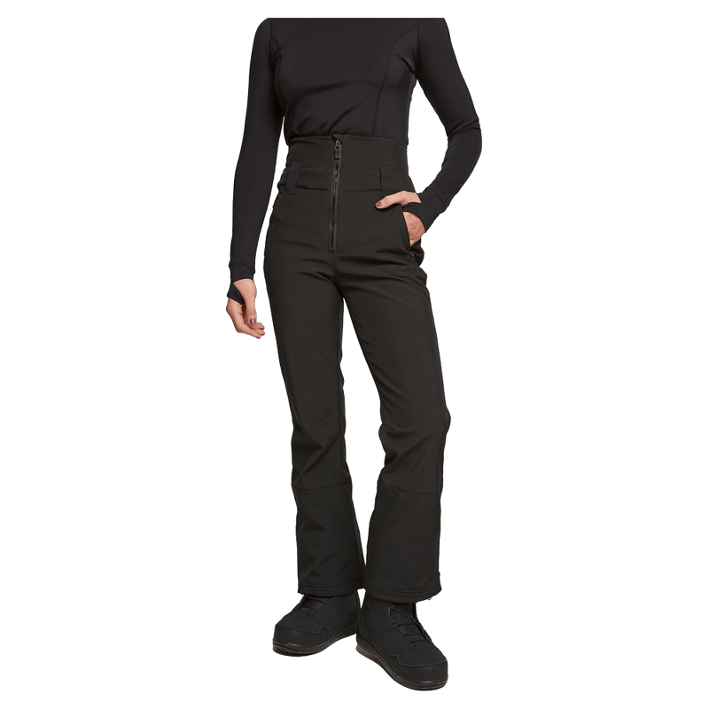Front view of women wearing theRojo Softshell High Rise Ski Pants - Womens in colour True Black