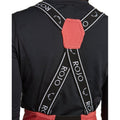 Close-up of Rojo Softshell High Rise Ski Pants showing black branded suspenders with white logos and a red back patch.