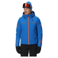 Blue Spyder Monterosa ski jacket with orange zipper accents and hood, worn by a man in ski gear.