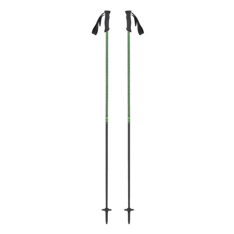 Black Crows Stans ski poles with green and black geometric patterned upper shafts, black lower shafts, and black grips.