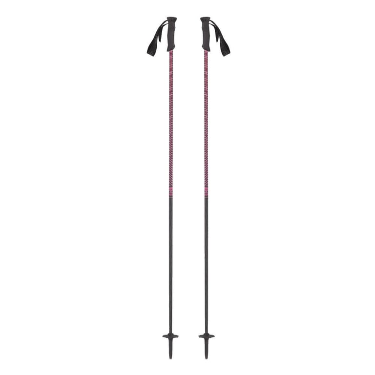 Black Crows Stans ski poles with pink patterned upper shafts, black lower shafts, and black wrist straps.