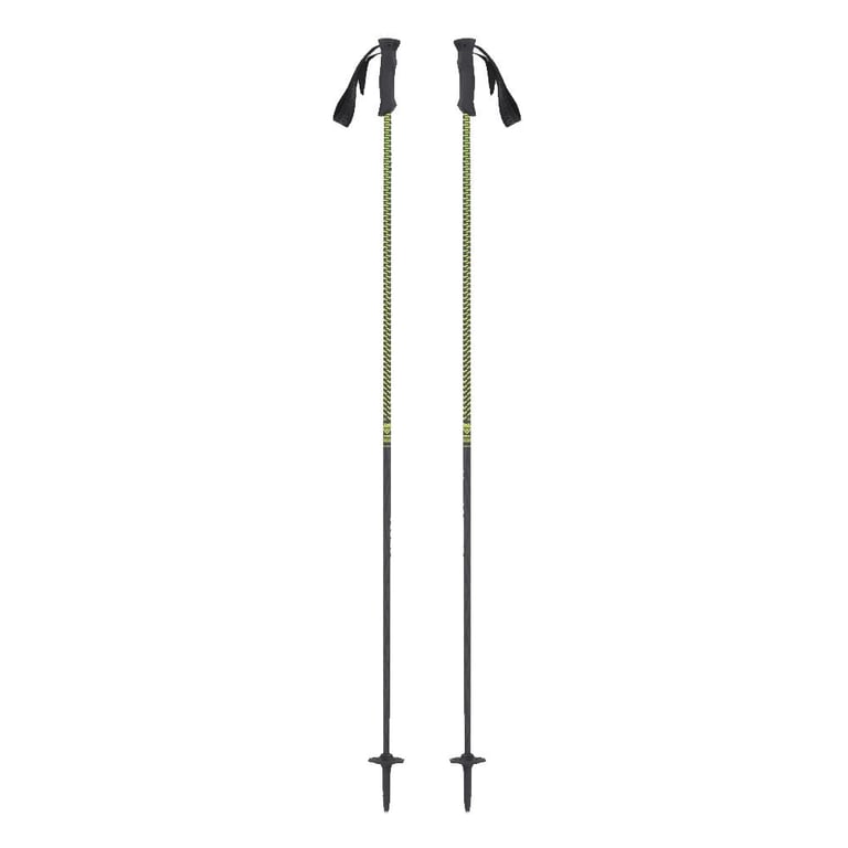 Black Crows Stans ski poles with yellow and black chevron patterned upper shafts and solid black lower shafts.