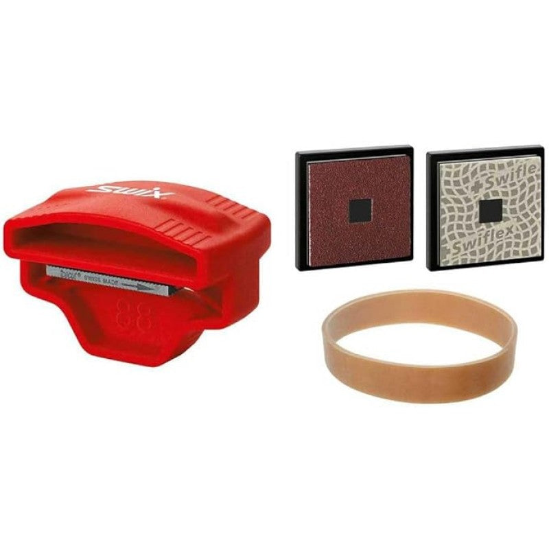 Swix Pocket Edger Kit with red plastic edger tool, 2 square stones and 1 rubber band