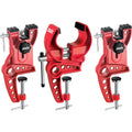Swix 3 piece world cup ski vise in red with adjustable clamps and one vise with a wider center piece.