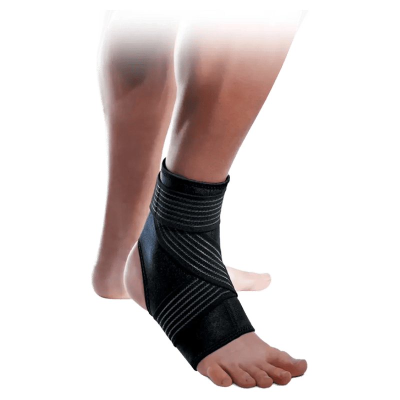 Therma Tech black ankle support strap with striped elastic compression bands on a foot, open heel and toe design.