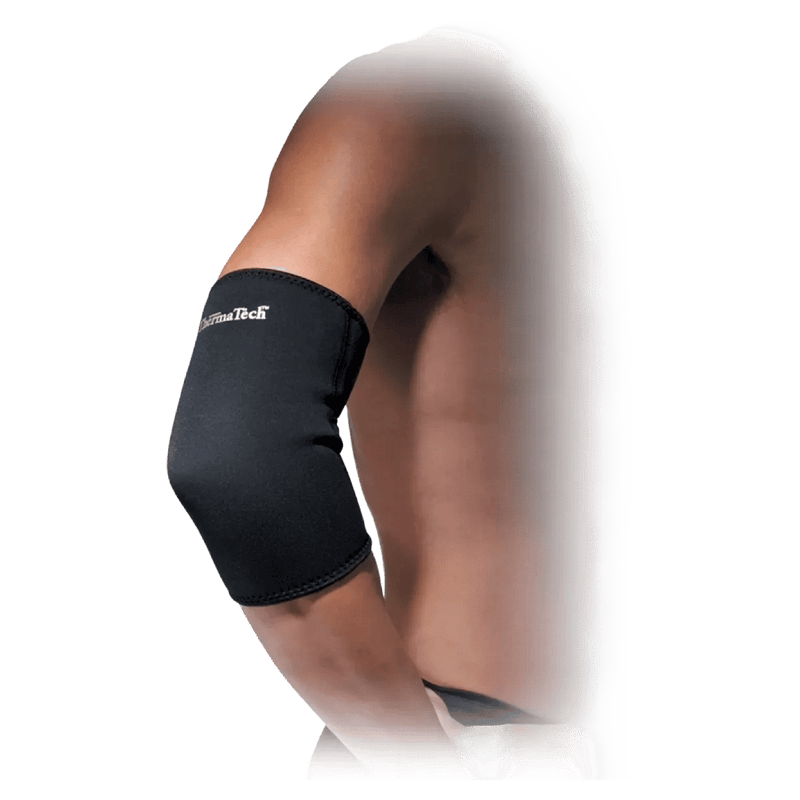 Side view of a black Therma Tech elbow compression sleeve with white logo and stitched edges worn on a bent arm.