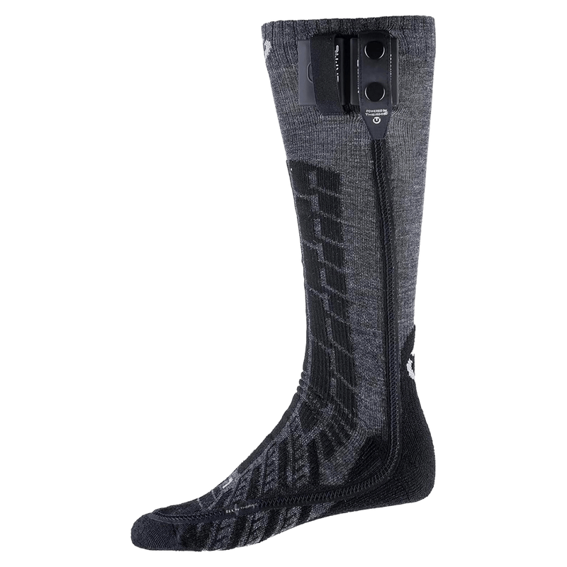Dark grey knee-high heated sock with textured patterns and two black Therm-ic S-Pack 1400 battery packs.