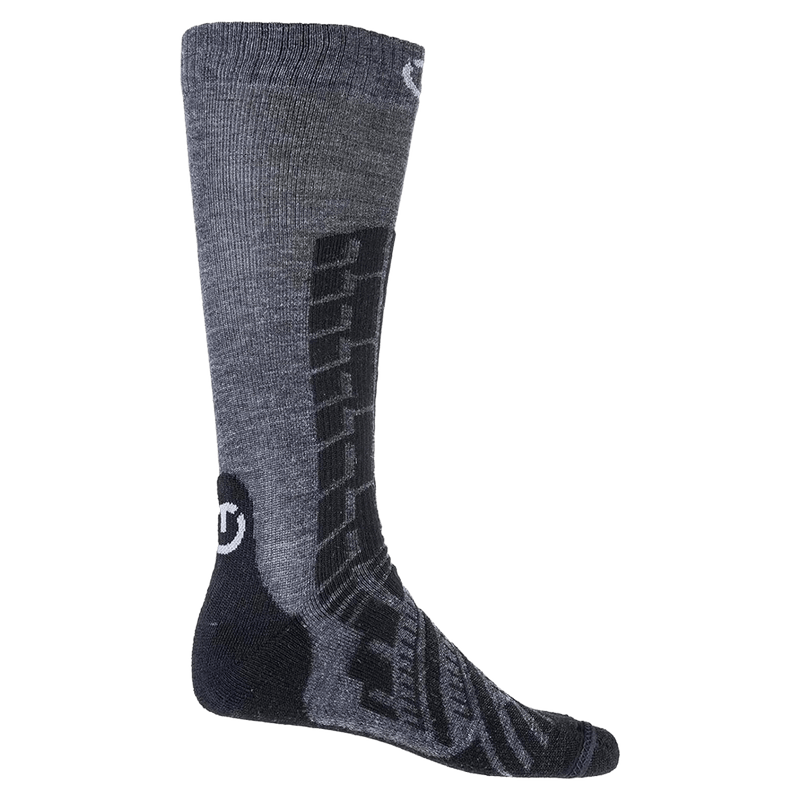 Dark grey knee-high heated sock with textured patterns and two black Therm-ic S-Pack 1400 battery packs.