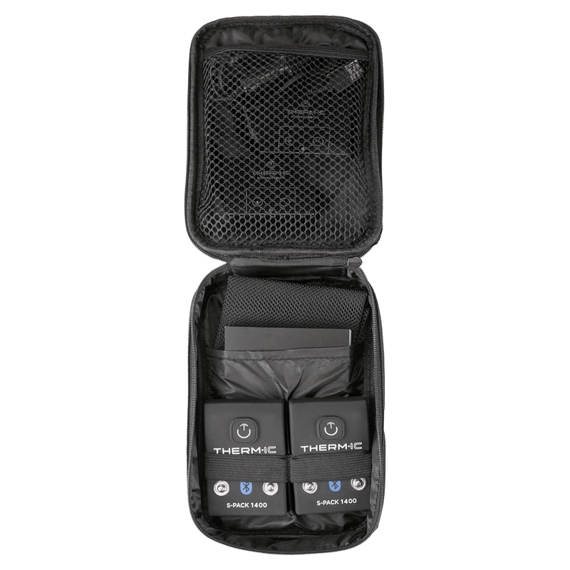 Dark grey knee-high heated sock with textured patterns and two black Therm-ic S-Pack 1400 battery packs.