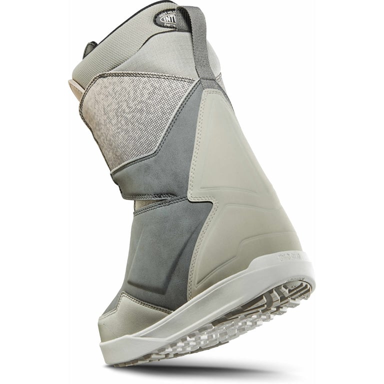 Rear view of grey and tan Thirtytwo Lashed Double BOA Snowboard Boots with a white lugged sole and heel pull tab.