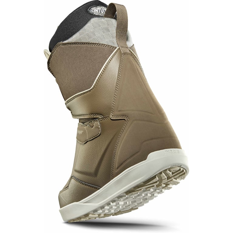 Rear view of a tan Thirtytwo Lashed Double BOA snowboard boot with a white sole and textured synthetic upper.