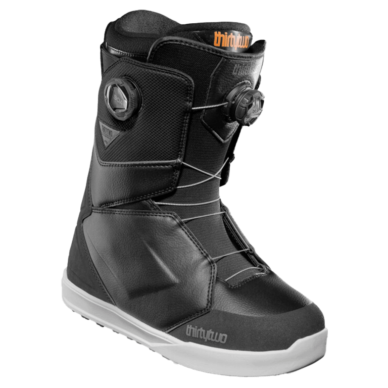 Black Thirtytwo Lashed Double BOA snowboard boot with white soles, dual BOA lacing dials, and synthetic textured panels.