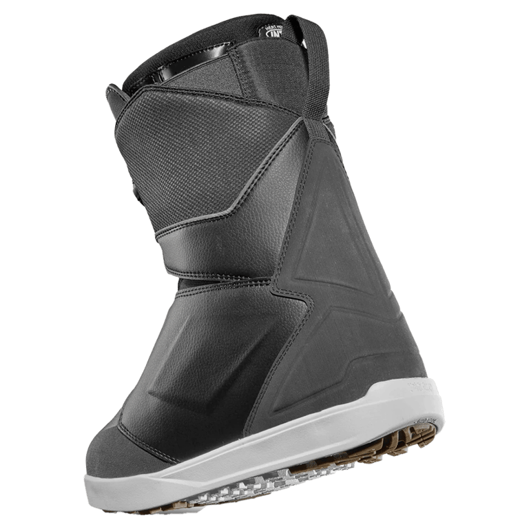 Black Thirtytwo Lashed Double BOA Snowboard Boots with white midsole and gum outsole, rear side profile view.
