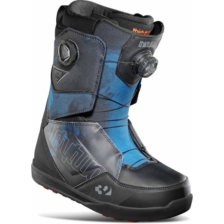 Thirtytwo Lashed Double BOA Snowboard Boots in black and mottled blue with dual BOA dials and side branding.