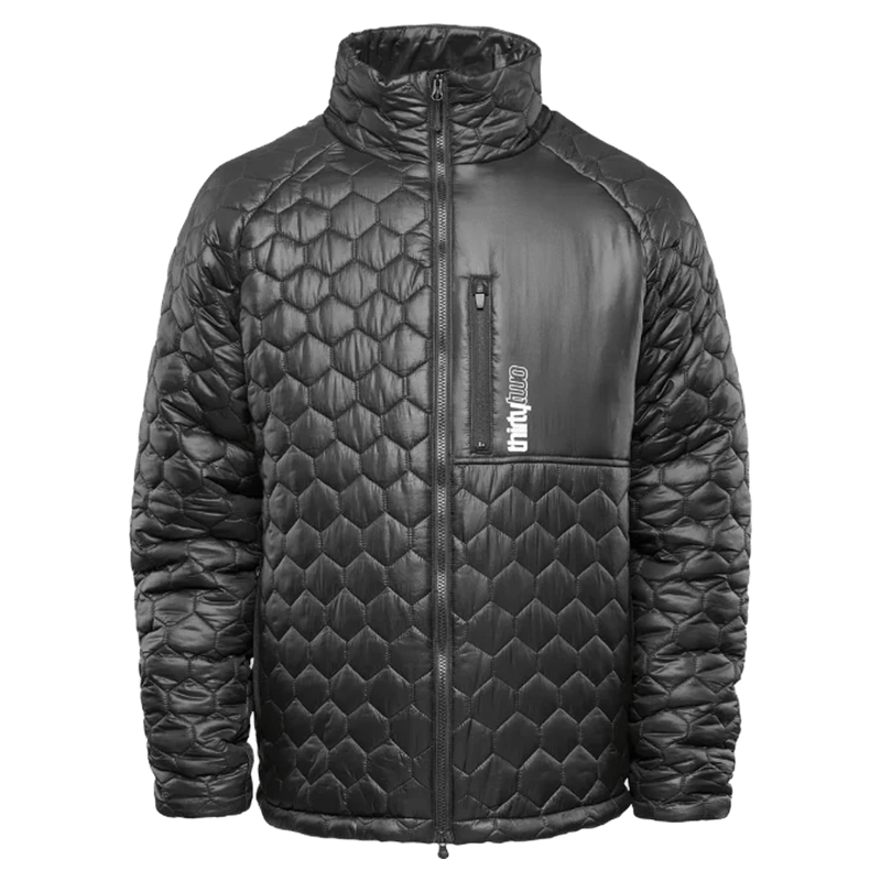 Black Thirtytwo Reststop Puff Jacket featuring a honeycomb quilted pattern, stand-up collar, and zip chest pocket.
