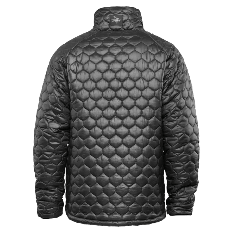 Black Thirtytwo Reststop Puff Jacket featuring a honeycomb quilted pattern, stand-up collar, and zip chest pocket.