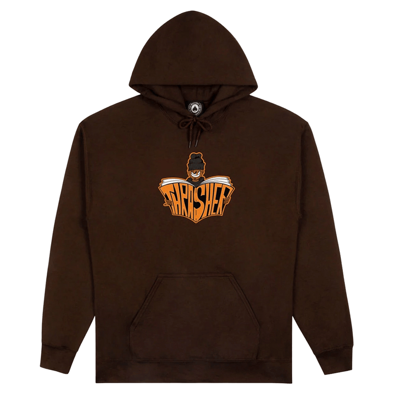 Dark brown Thrasher Goon Hoodie with a graphic of a character reading an orange Thrasher book on the chest.