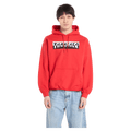 Red Thrasher Mixtape Hoodie with a distorted black and white logo, front pocket, and hood, worn with light blue jeans.