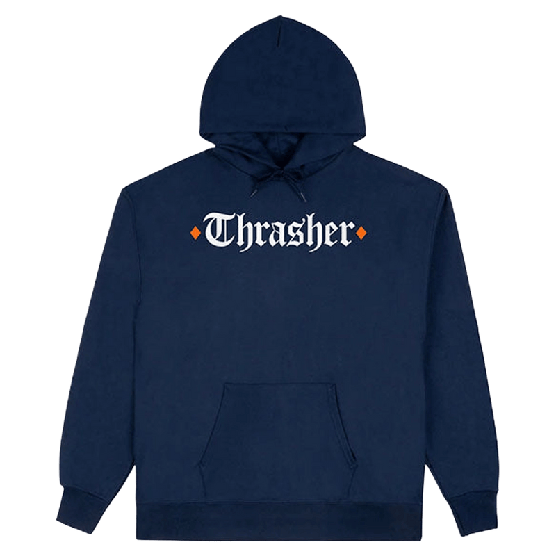 Navy blue Thrasher hoodie with white gothic text logo, orange diamonds, front pouch pocket, and drawstring hood.