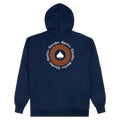 Navy blue Thrasher hoodie with white gothic text logo, orange diamonds, front pouch pocket, and drawstring hood.