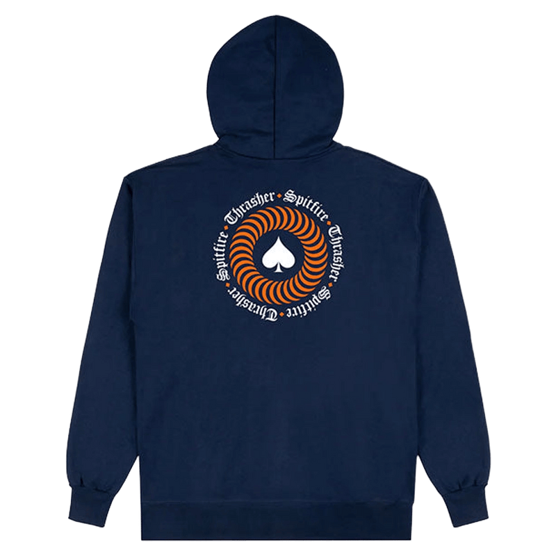 Navy blue Thrasher hoodie with white gothic text logo, orange diamonds, front pouch pocket, and drawstring hood.