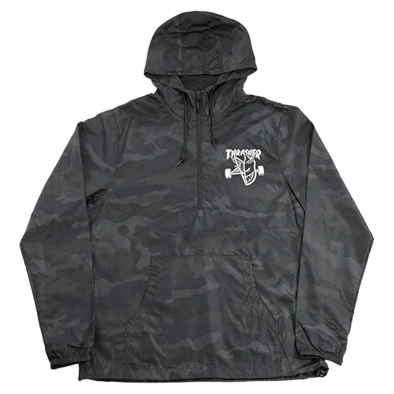 Thrasher THR X SF Thrash & Burn black camo anorak with white chest logo, half-zip, hood, and front pouch pocket.