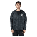 Thrasher THR X SF Thrash & Burn black camo anorak with white chest logo, half-zip, hood, and front pouch pocket.