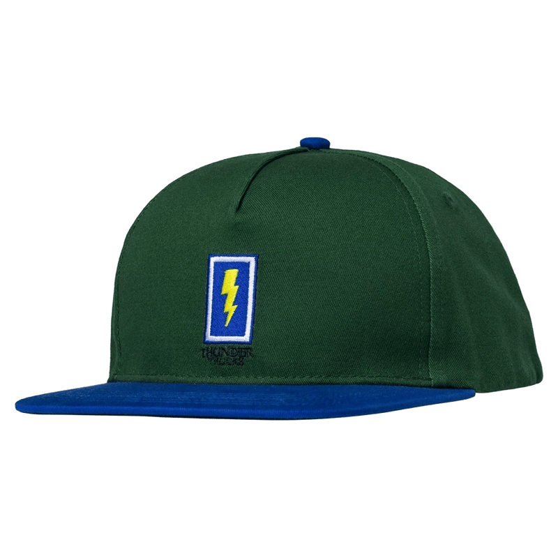Green Thunder Trucks Bolt Snapback cap with a blue flat brim and yellow lightning bolt logo on the front.