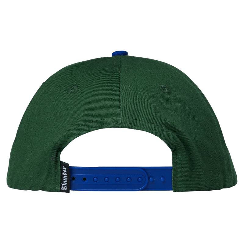 Green Thunder Trucks Bolt Snapback cap with a blue flat brim and yellow lightning bolt logo on the front.