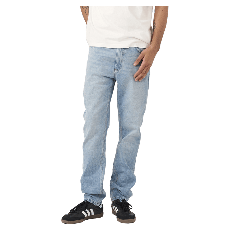 Front view of man in the Rollas Tim Slims Bad Boy Boogie Jeans in colour Mid Blue