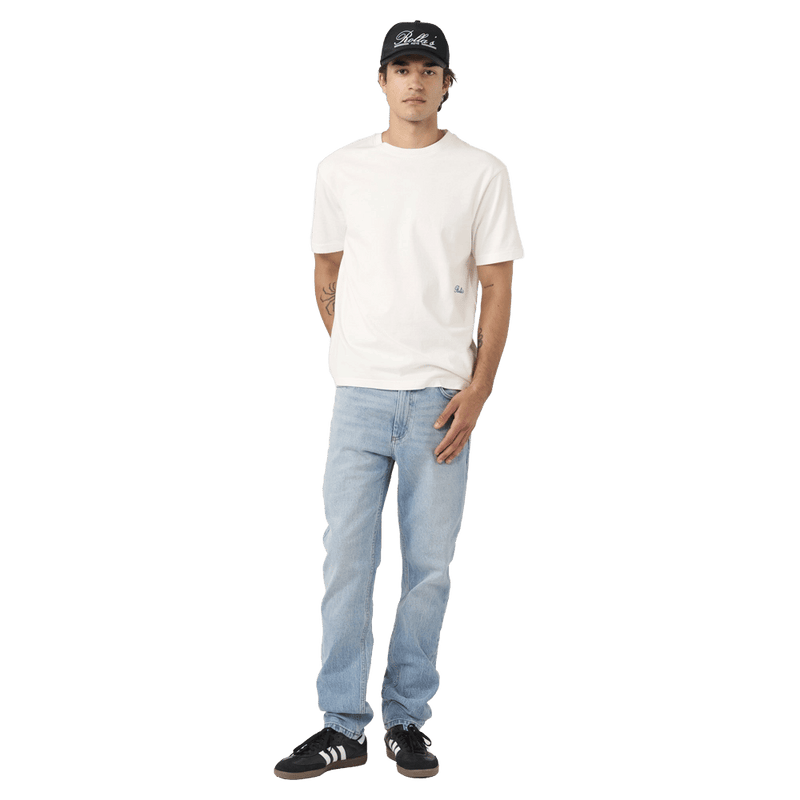 Front view of man in the Rollas Tim Slims Bad Boy Boogie Jeans in colour Mid Blue