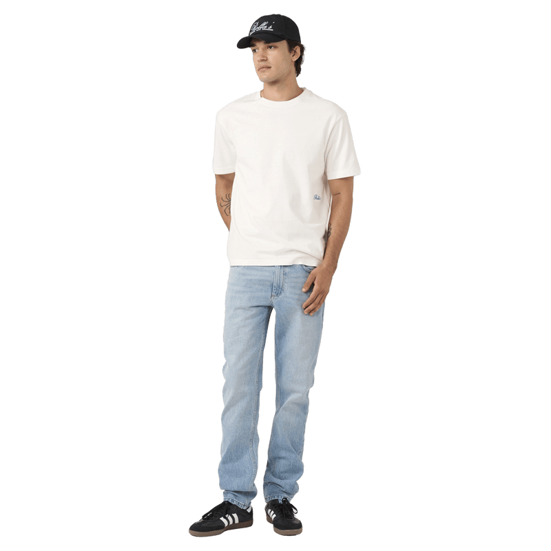 Front view of man in the Rollas Tim Slims Bad Boy Boogie Jeans in colour Mid Blue