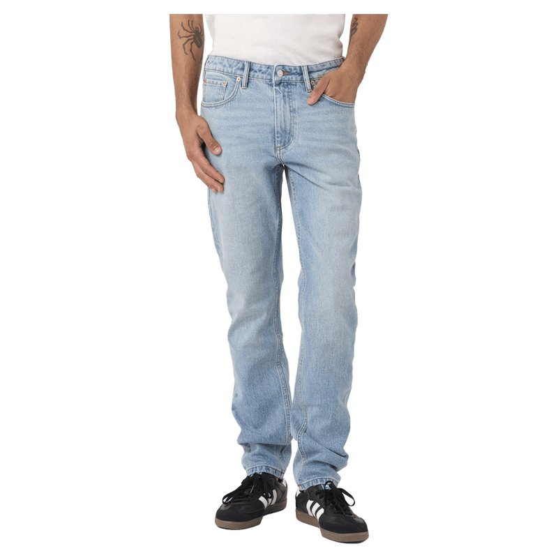 Front view of man in the Rollas Tim Slims Bad Boy Boogie Jeans in colour Mid Blue